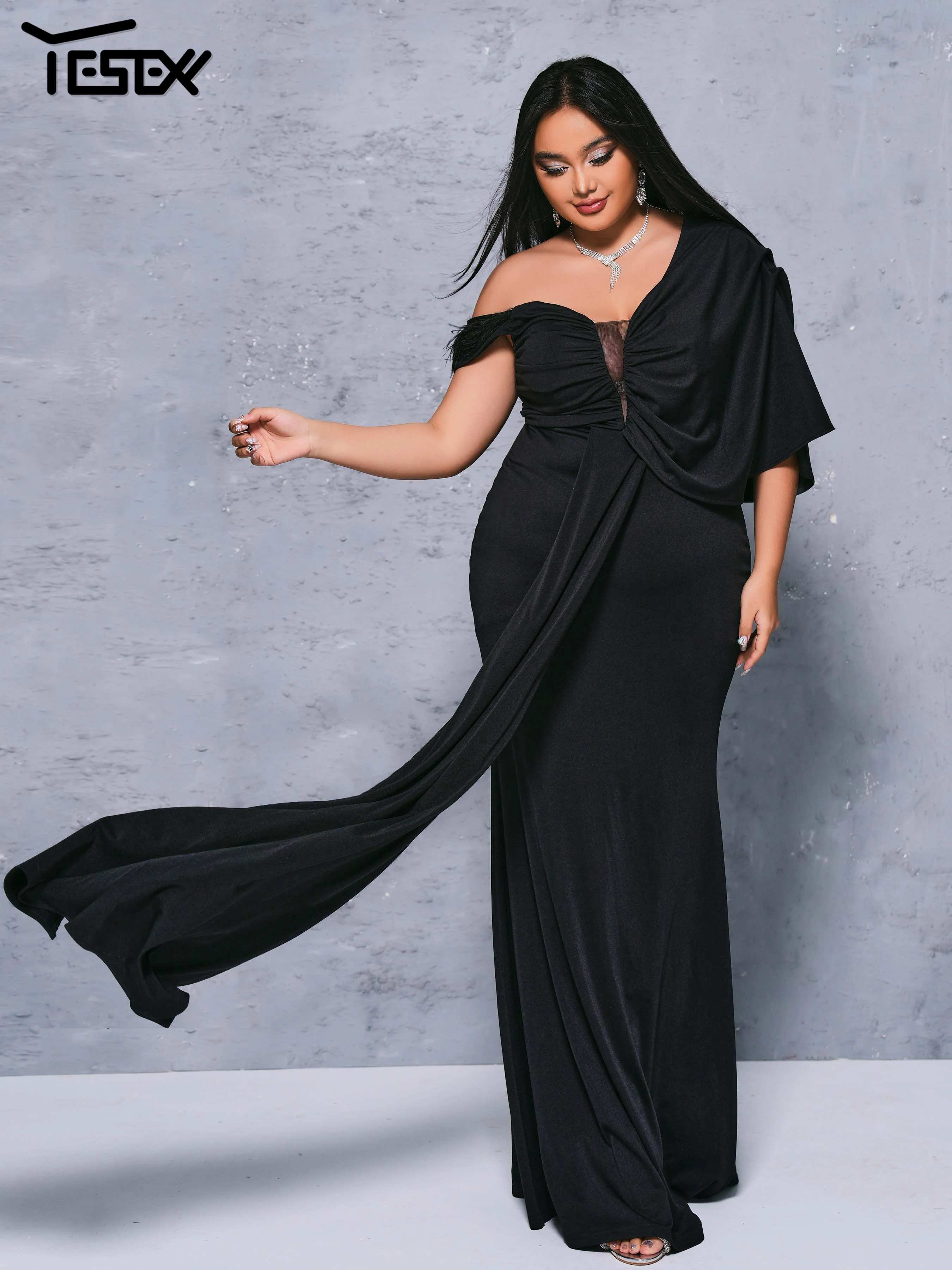 

Yesexy 2024 New Plus Size Black Draped Asymmetric Mermaid Evening High Quality Luxury Formal Occasion Elegant Beautiful Dress