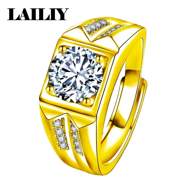 LAILIY925 Sterling Silver 18K Gold Gift With 2 Carat Double Row Diamonds Bold Openable Ring for Men Fashion Jewelry