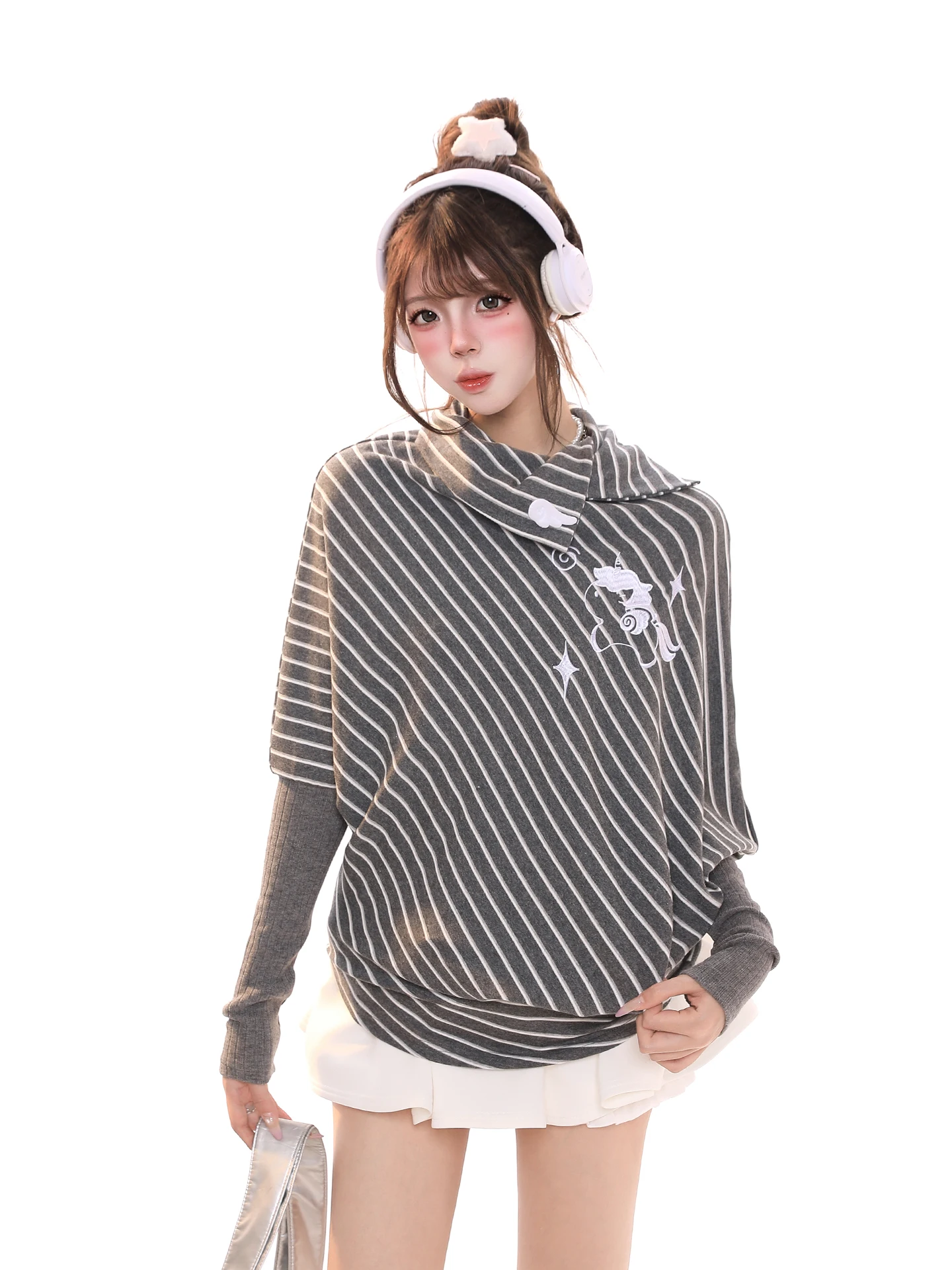 Sweet Spicy Striped Asymmetrical Long Sleeve T-Shirt Women's High Collar Slimming Layering Elegant Beautiful Base Shirt Top
