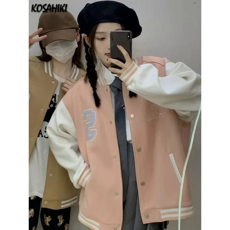 KOSAHIKI Bomber Jacket Women Korean Fashion Loose Coats Letter Embroidery Contrast Color Patchwork Jackets 2024 Autumn Tops