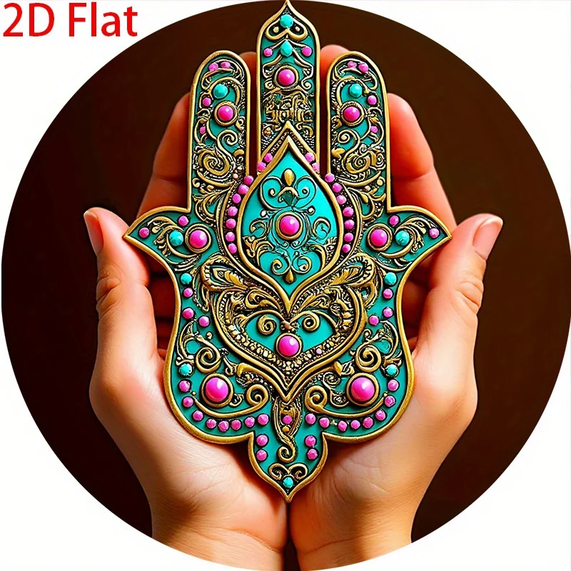 Décoration murale 2D plate, 1 pièce, motif main de Hamsa vintage en métal doré, symbole islamique avec accents roses, construction en aluminium durable