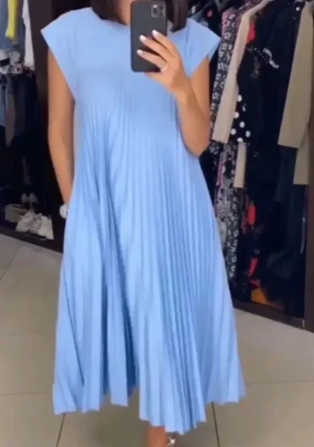 Women Round Neck Sleeveless Pleated Dress Solid Color Sexy Long Loose Maxi Dress Summer Ankle Length