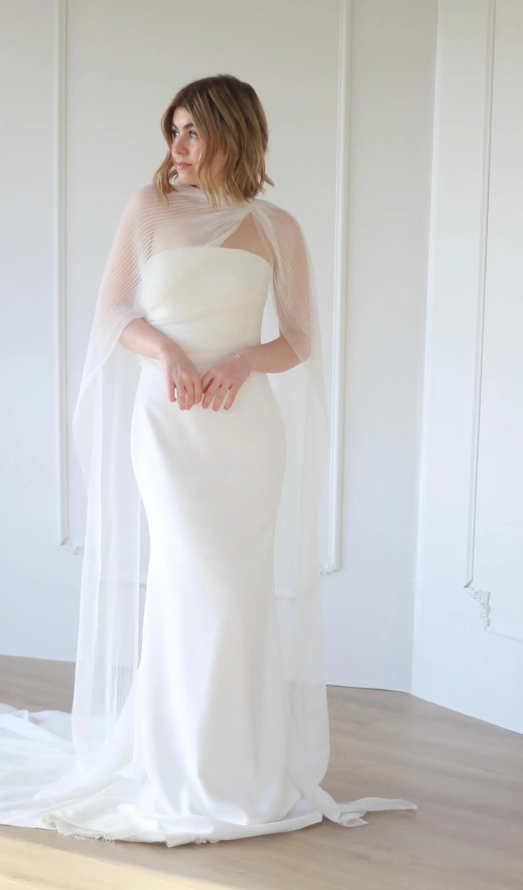 POD Bridal Pleated Neck Scarf 2026 Elegant Tulle Bridal Cape Shawl White Sheer Pleated Tulle Wedding Cape Wrap Stole Accessory