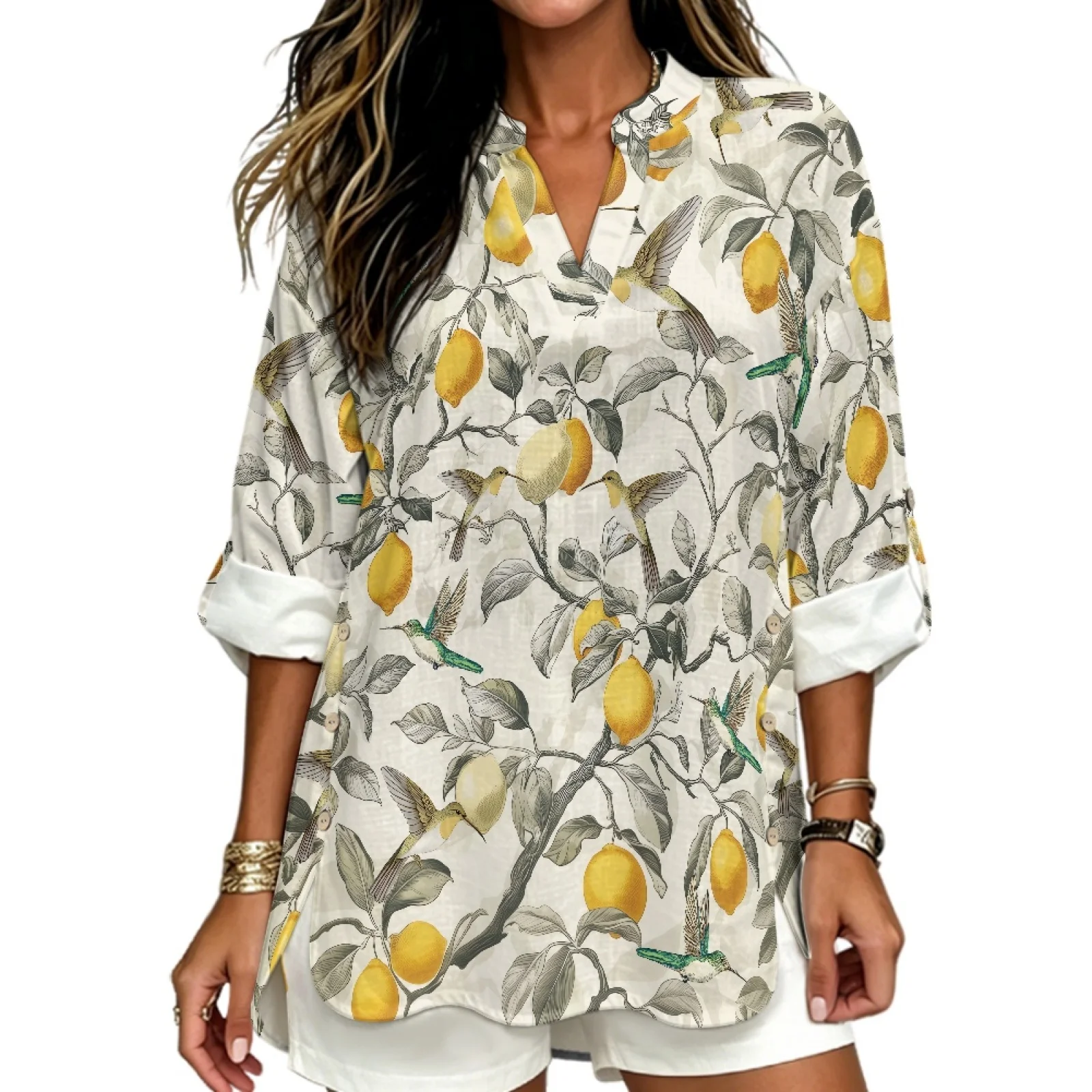 PENSTROLL Lemon Birds Linen Style Notch V Neck Blouses for Beach Rolled Sleeve Long Sleeve Shirts for Women Women's Blouse