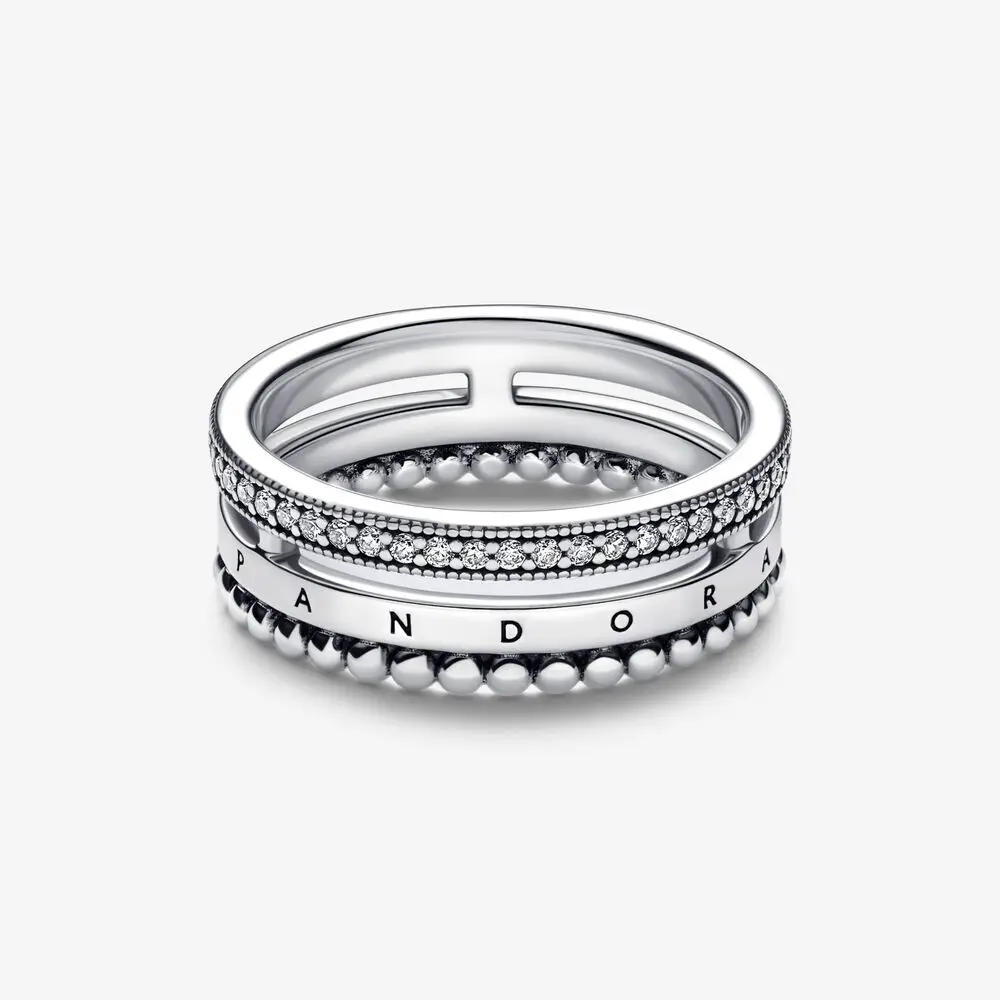 925 Sterling Silver, Pandora Signature Pavé Beaded Three-in-one Rings, Women Elegant Romantic Jewelry