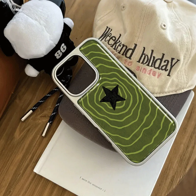 Green Circles Stars Design Electroplated Drop Glue Phone Case For iPhone 17 Air 16 15 14 13 12 11 17 Pro Max 16 15 Pro 13 Cover