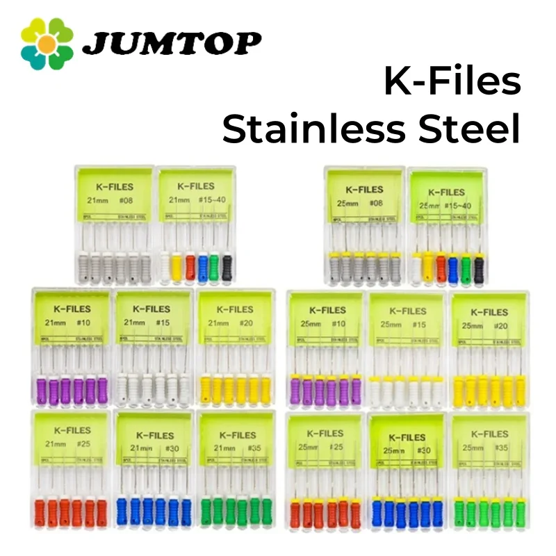 JUMTOP 6Pcs/Box Dental K Files 21mm/25mm Hand Use Files Stainless Steel Root Canal Files Dentistry Endodontic Instruments