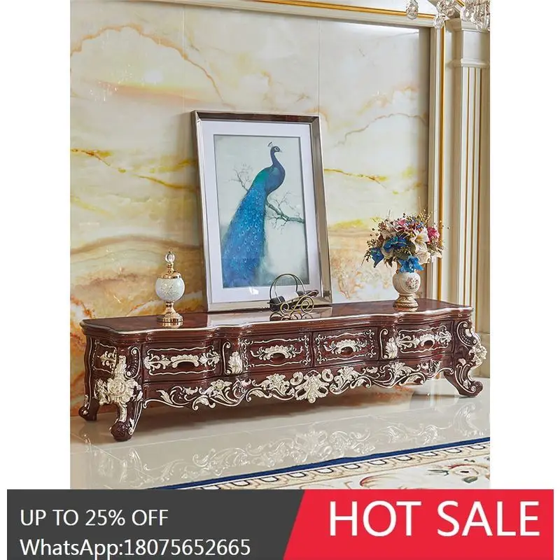 HLZ European Style TV Cabinet Living Room Solid Wood Storage Cabinet Carved Tea Table Floor Cabinet Set Combination