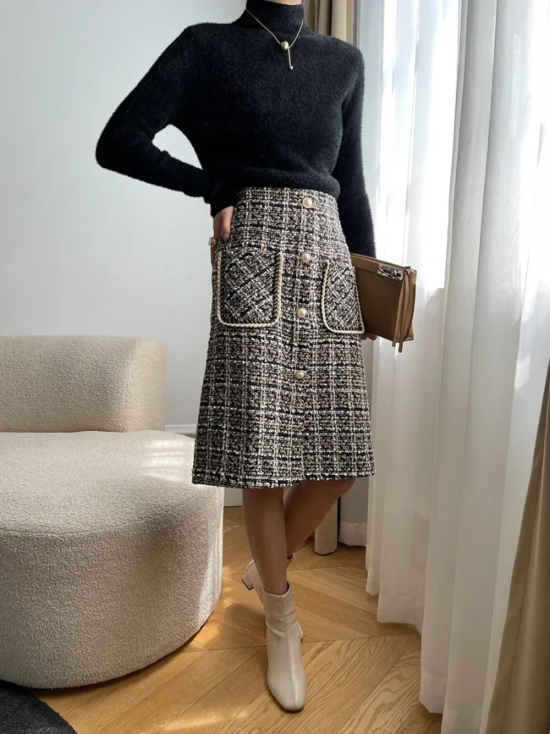 Small Fragrance Style  Tweed Vintage Plaid Skirts High Wasit Buttons Pockets Jupe Female 2024 Fall Winter Chic Faldas Mujer