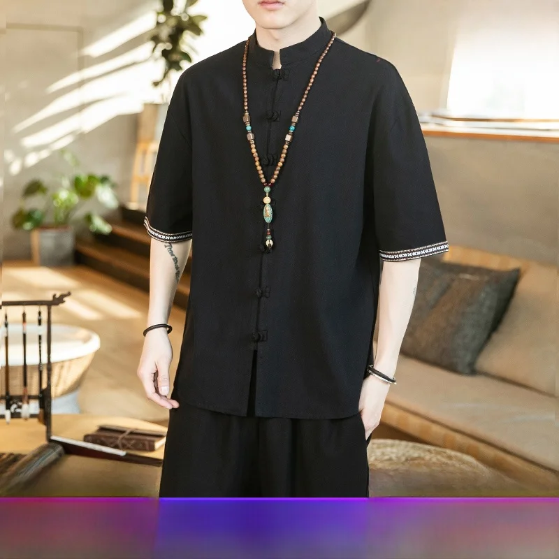 

Men's Short Sleeve Shirt Standard Fit Work Uniform Cotton Linen Massage Therapist Traditional Chinese Medicine Health Care Ce...