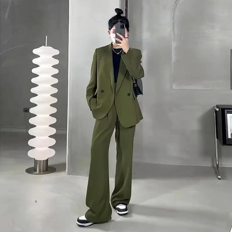 Lnsozkdg 2024 Spring Autumn Pants Sets Women Green Color Loose Office Lady Blazer + Wide Leg Pants Two Piece Set Suits Hot Sale