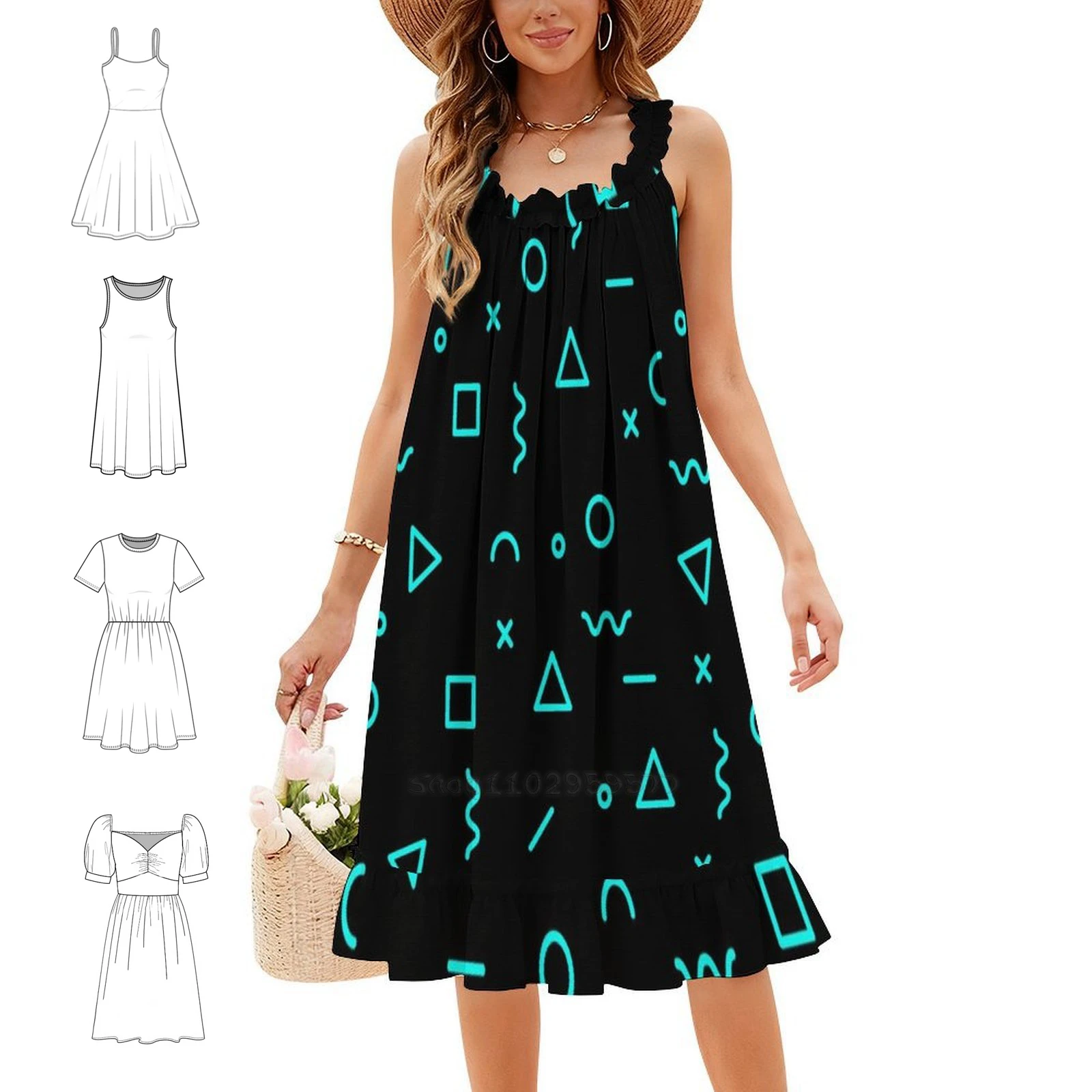 Shapes & Lines #1 Vintage Bohemian Dress Puff Sleeve Or Sleeveless Options For Women Dress Shapes Nought Cross Zero Squiggle C