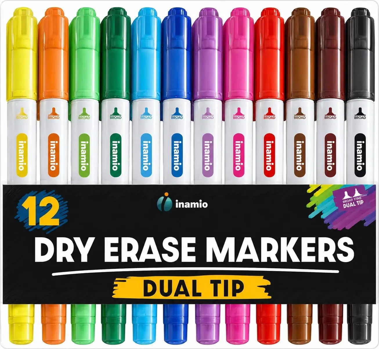 Ultra Fine Dry Erase Markers for Whiteboard - Dual Tip Pastel Erasable Markers with Easy Wipe - 12 Set