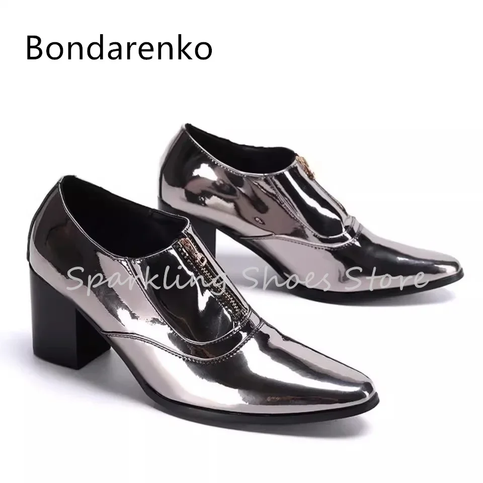 

6Cm High Top Chunky Heel Short Boots for Men Fashion Pointed Toe Genuine Leather Derby Shoes Male Wedding Party Dress Shoes