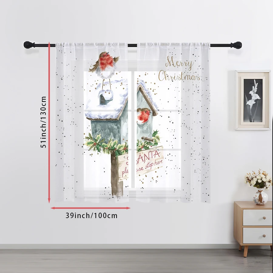 2PCS Sheer Curtains Christmas Bird House Robin Holly Print, Window Voile Panels for Bedroom Living Room Xmas Holiday Decor