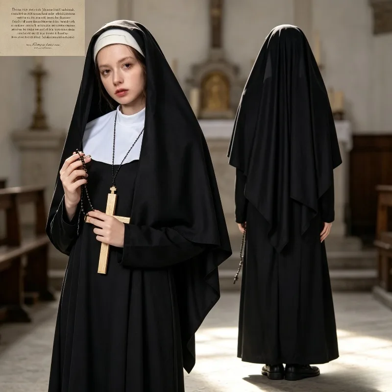 Nun Costume Black Long Dress Halloween Party Carnival, Role-playing Stage Performance Costume view 6