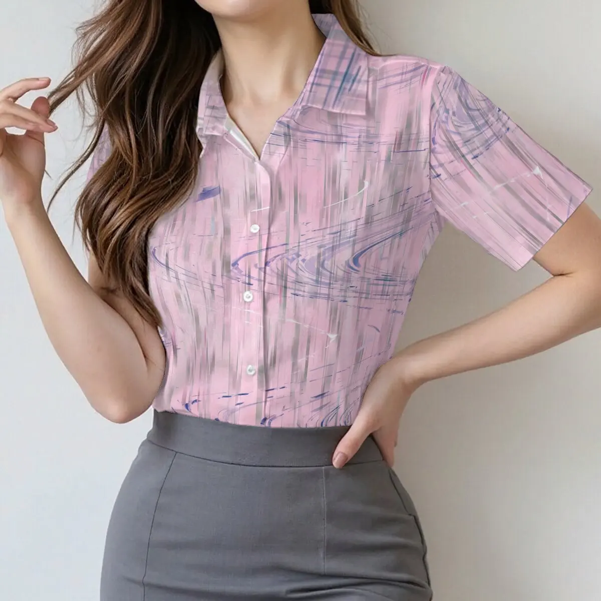 Minimalist and personalized ink dyed printed women's short sleeved lapel shirt, summer fashion, daily versatile casual top