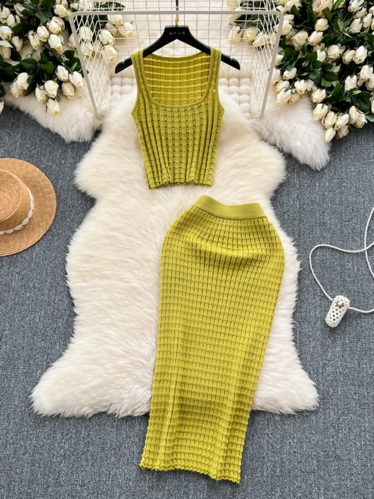 Retro Knitted Two Piece Set Women Summer Sleeveless Short Tank Top High Waist Wrap Skirt Streetwear Suits Female Vintage Outfits