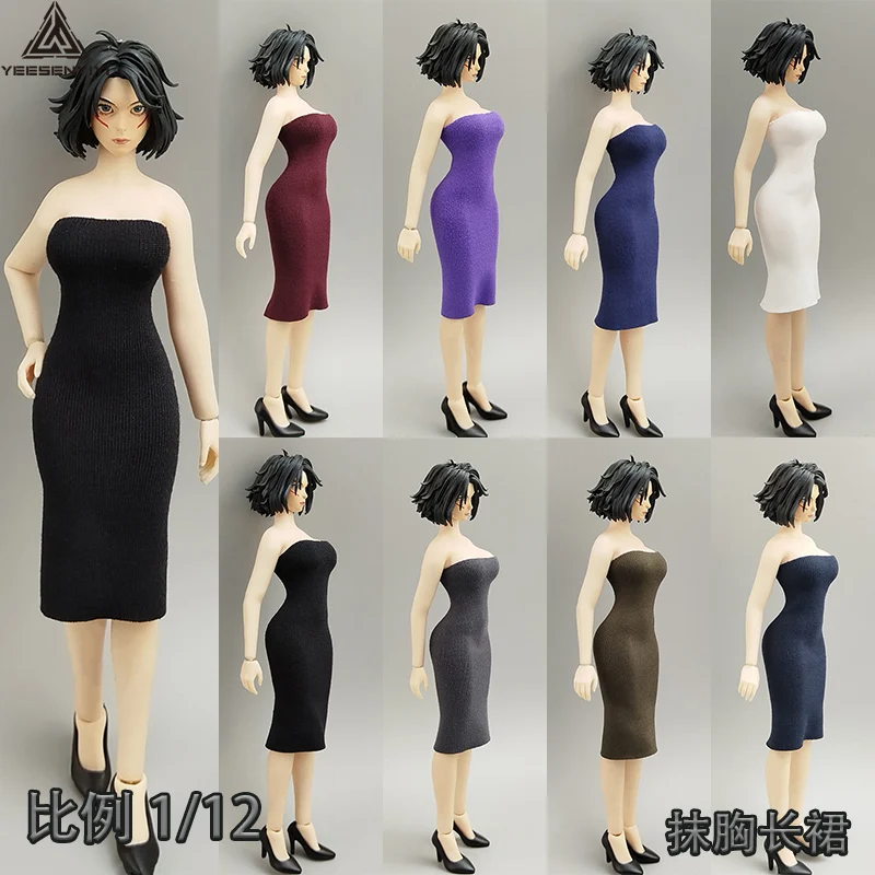 

1/12 Scale 6-inch Vintage Stretchy Mid-calf bodycon Dress for Female Action Figure, Sheath Bandeau Dress for 15cm BJD Dolls