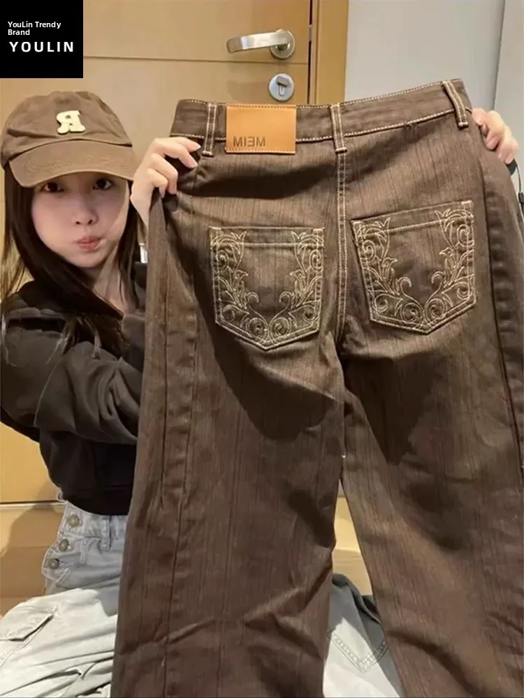 

Retro American Embroidered Stripe Knife Jeans Men's Autumn Winter High Waist Straight Leg Wide Leg Workwear Trousers