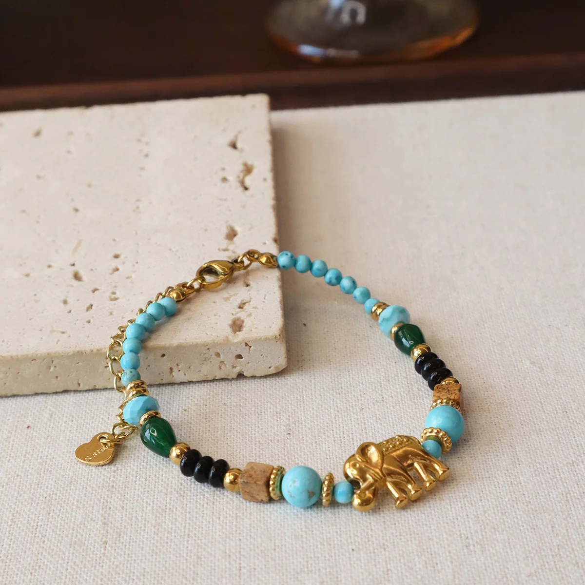 

Vintage Natural Stones Magnesite Agate Stainless Steel Bracelets for Women Men Couple Lucky Elephant Charm Christmas Gifts 1653