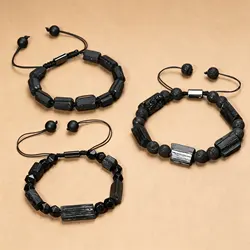 Irregular Natural Black Tourmaline Bracelet Men Handmade Braided Bad Energy Protection Bracelets Balance Healing Energy Bracelet
