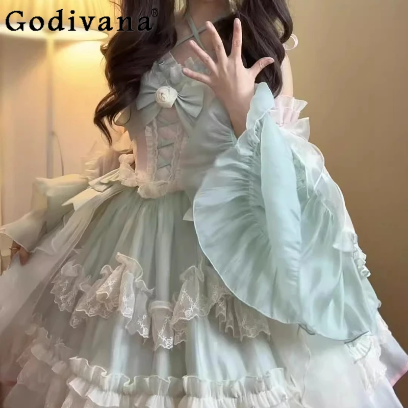

Green Pink Cute Sweet Halter Lolita Dress Women's Sweet Fairy Style Princess Dress Girls Japanese Birthday Party Lolita Dress