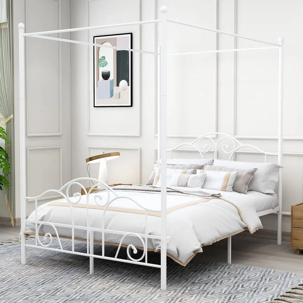 Size FourPoster Metal Canopy Bed Frame with Headboard and Footboard Sturdy Slatted Structure No Box Spring Needed White