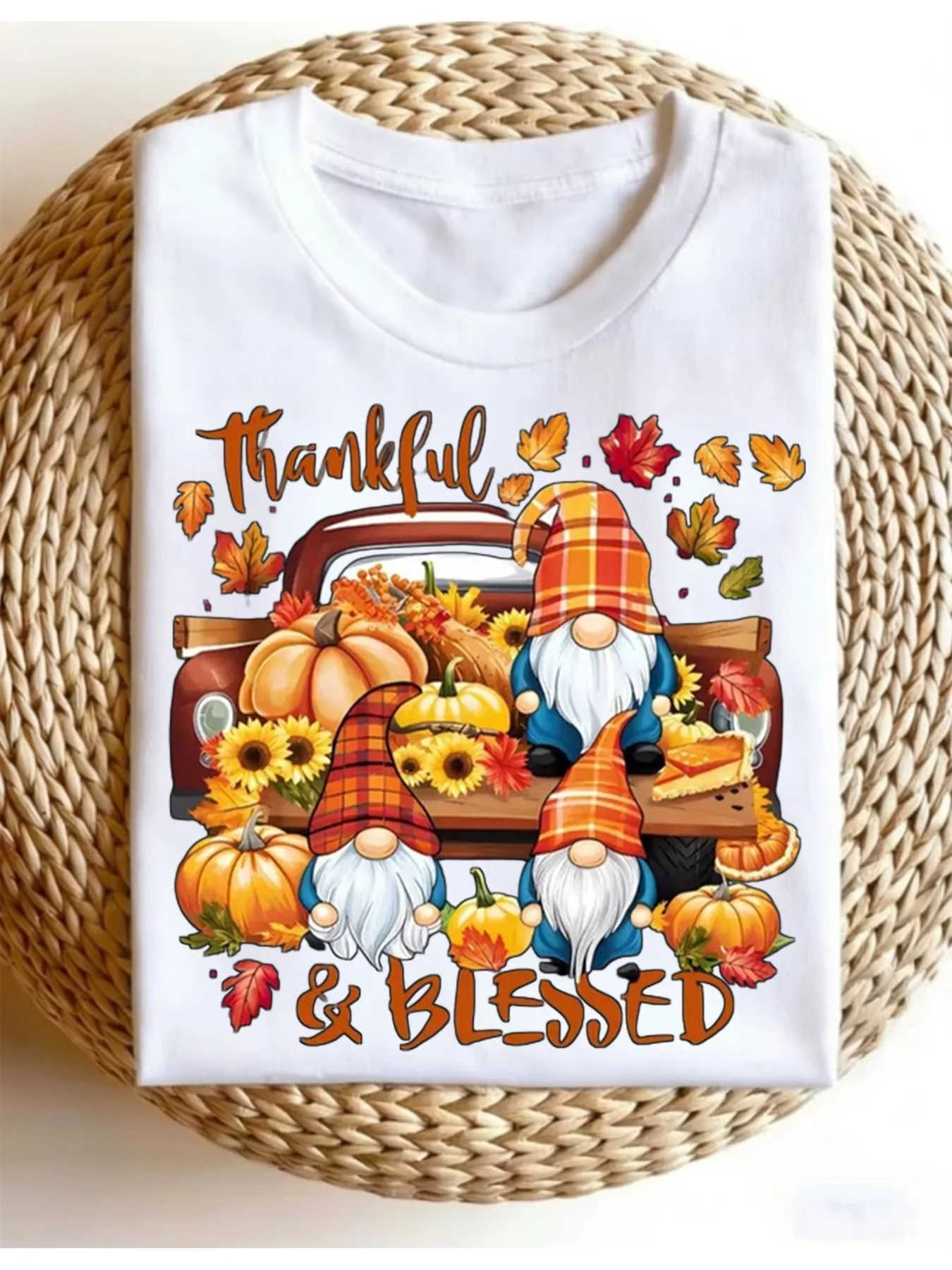 Women's T-shirt Gnome Truck Pumpkin Letter Print Crew Neck Short Sleeve Top Loose Fit Autumn Casual Daily Fashion Women Clothes