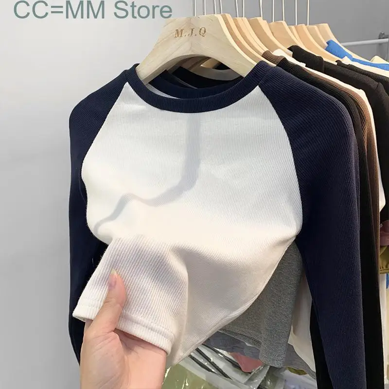 New Patchwork Cropped T Shirts for Fall Winter Korean Fashion Tops Office Ladies Slim Long Sleeve Tee Shirts