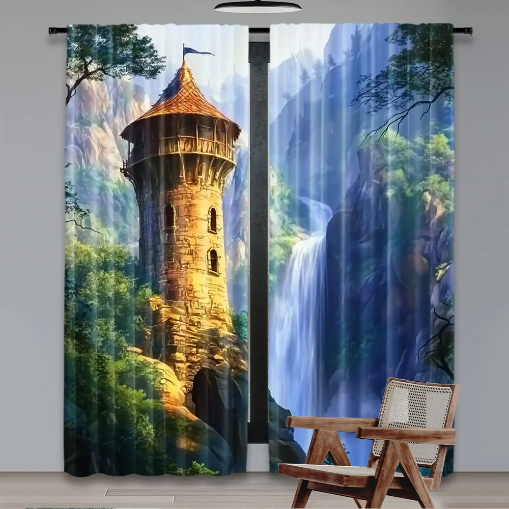 2Pcs Cartoon Tower Curtain Fairytale Story Theme Design Window Drapes All Season Charm Suitable For Bedroom Living Room A