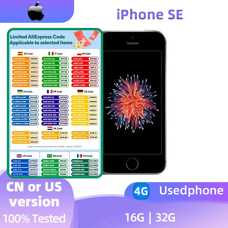 هاتف Apple iPhone SE 1 2016 4g الذكي Apple A9 شاشة LCD 4 بوصة كاميرا 12 ميجابكسل 1642 مللي أمبير في الساعة 10 وات شحن IOS أصلي مستعمل iPhone