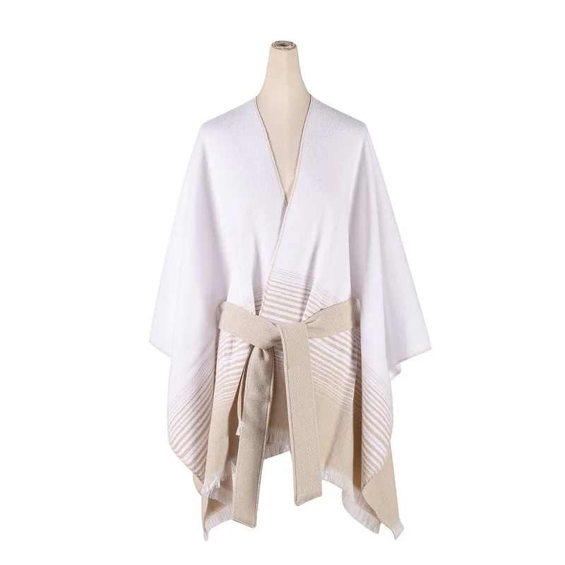 Split European and American Street Style Versatile Belted Striped Shawl Women's Outerwear Cape