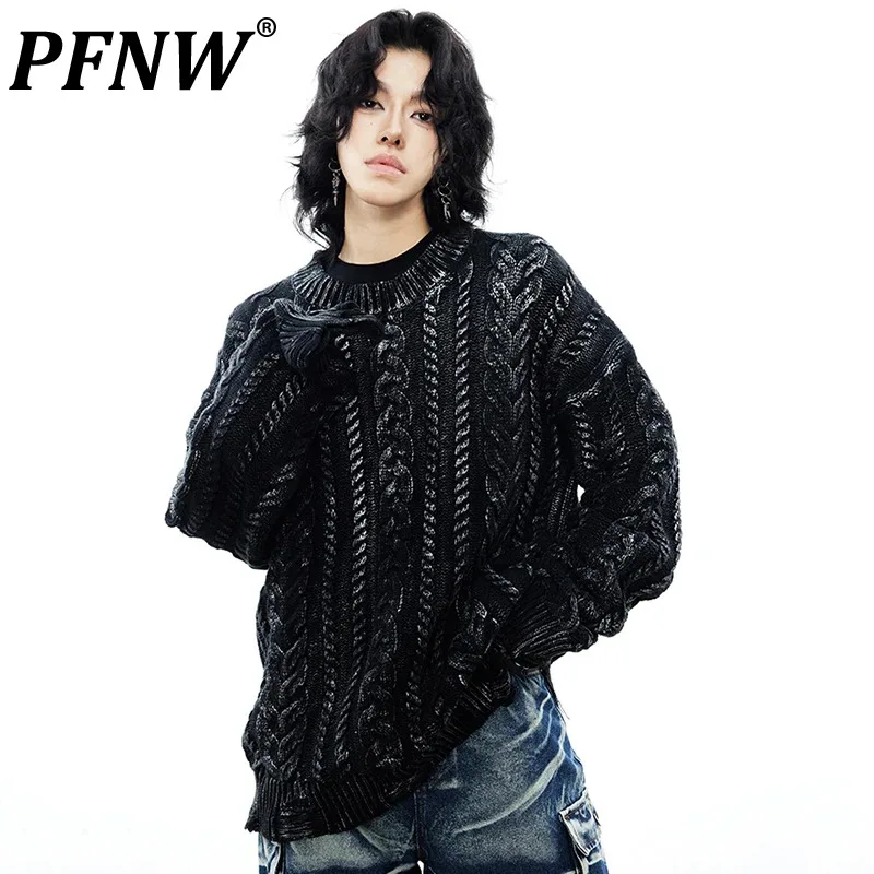 

PFNW Male Tassel Ripped Knitting Stylish Sweater O-neck Gradient Color Twist Printing Men Pullovers New 2024 Autumn Chic 28W2558