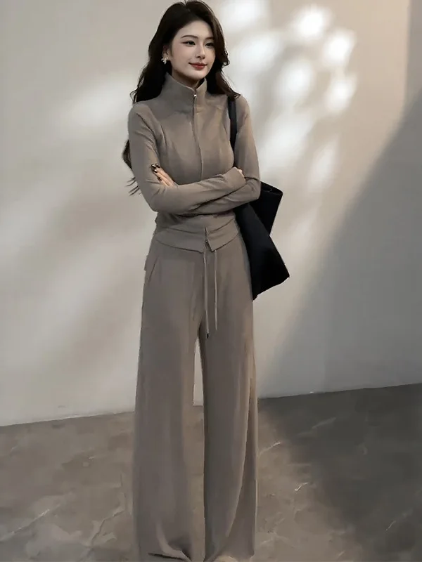 

Корейские повседневные широкие брюки с высокой талией и завязками, комплект из двух предметов, женский осенне-зимний новый длинный воротник-стойка на молнии...