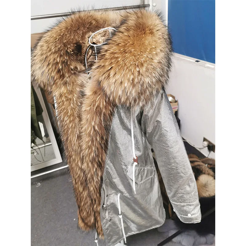 MAOMAOKONG-Casaco de inverno feminino, pele de coelho real, colarinho de pele de guaxinim natural, streetwear grosso quente, Parkas longas, capuz, 2023