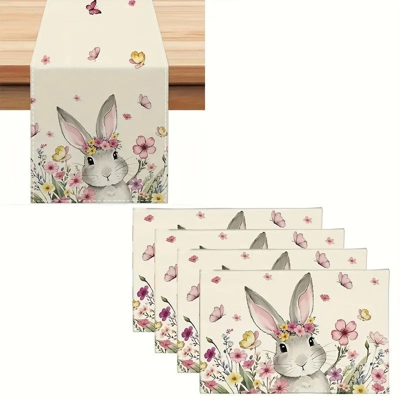 Camino de mesa y manteles individuales de conejito de Pascua, diseño floral y conejo gris, decoración de cocina de granja para primavera y verano, fiesta de comedor de temporada
