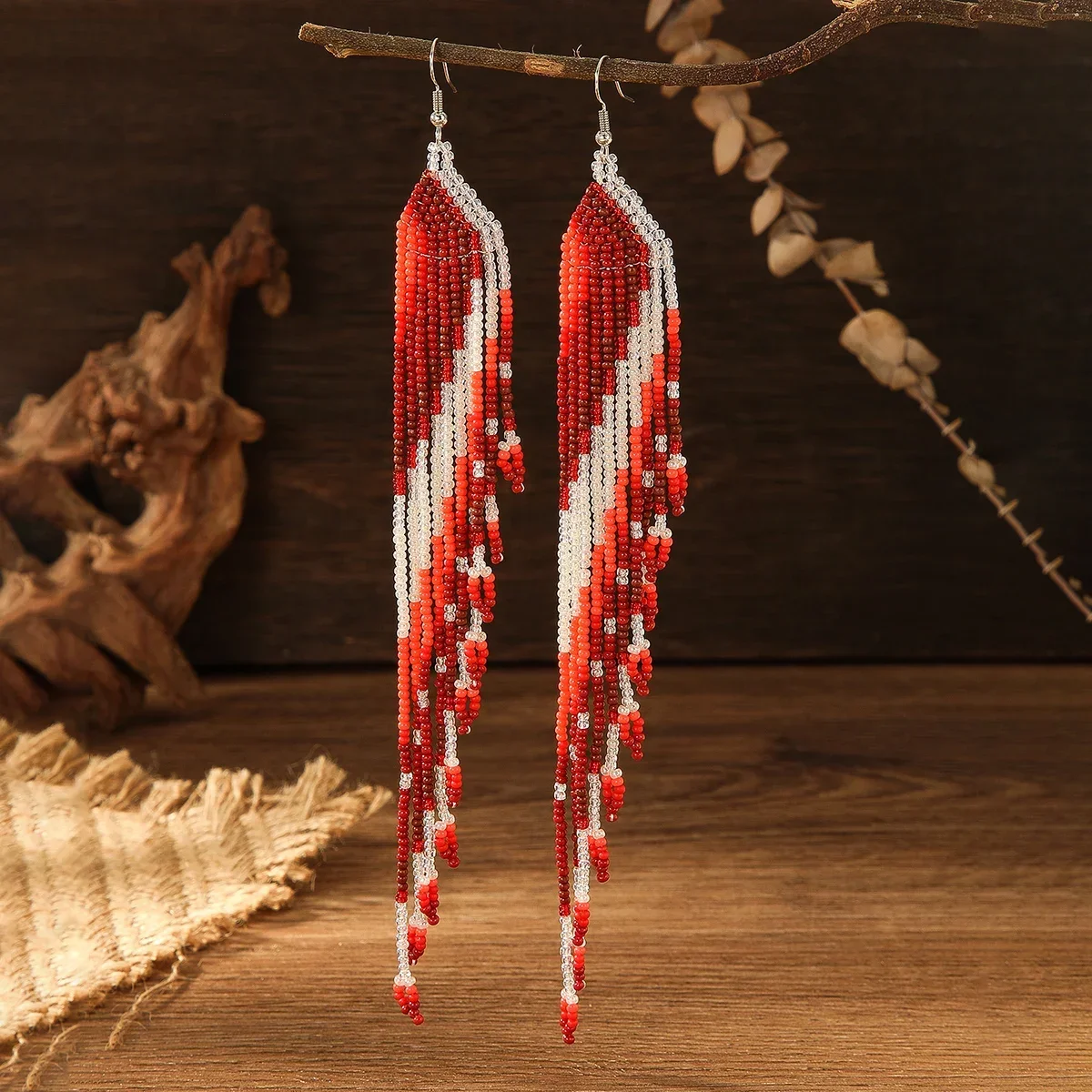 Beaded earrings Trapezium Retro Tide Hand knitting Adjustable Bohemia Simple Alloy Rice bead earrings