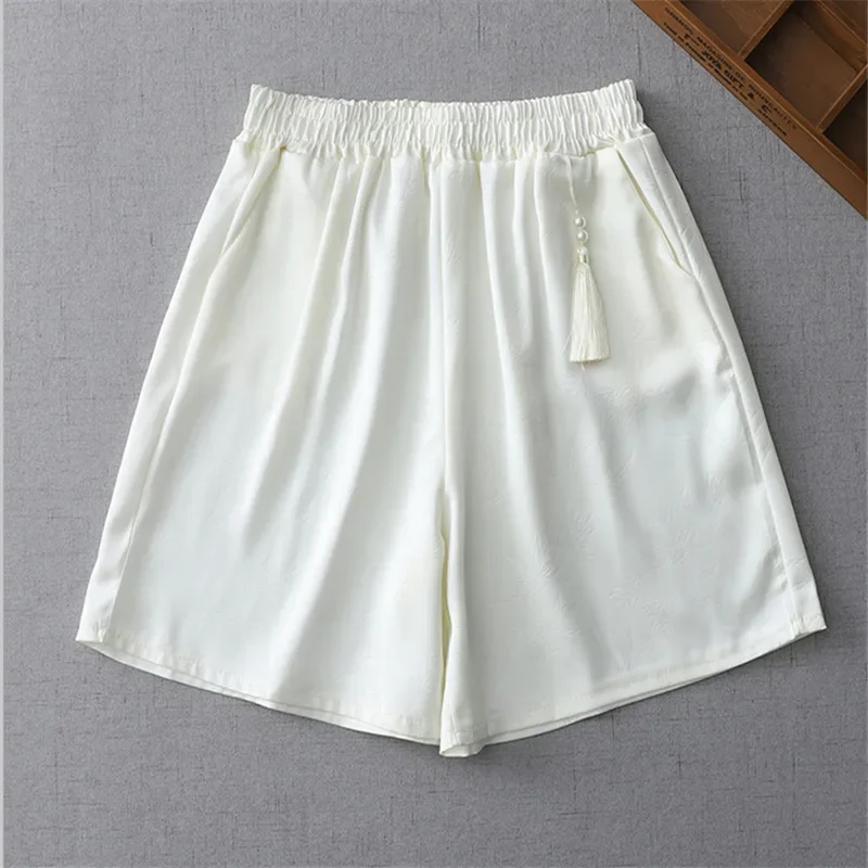 Short Jacquard de Style Chinois pour Femme, Vêtement à Taille artificiel astique, Pantalon à Jambes Larges, Décontracté, Ligne A, Tendance, Nouvelle Collection Été 2024