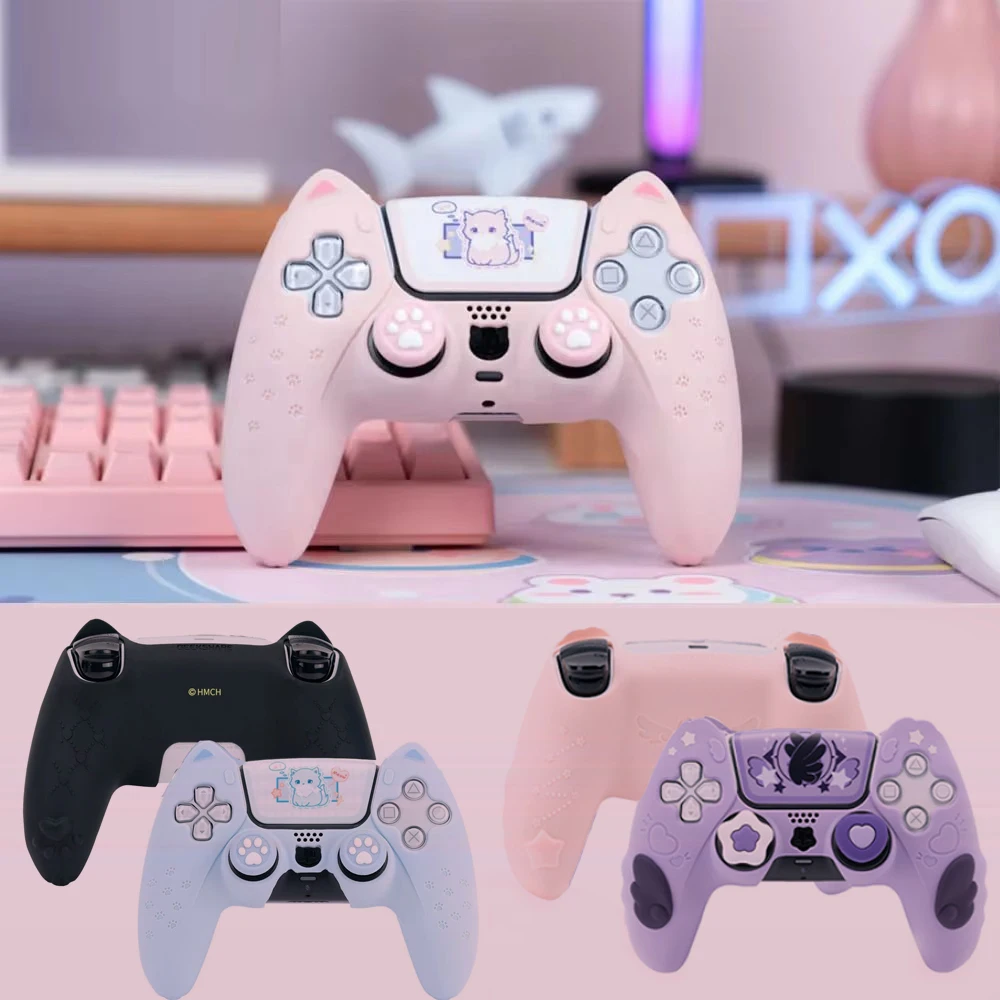 Cat paw Pink Love Silicone Soft Skin Cover Protective Case For Sony Playstation Dualsense 5 PS5 Controller Thumb Stick Grip Cap