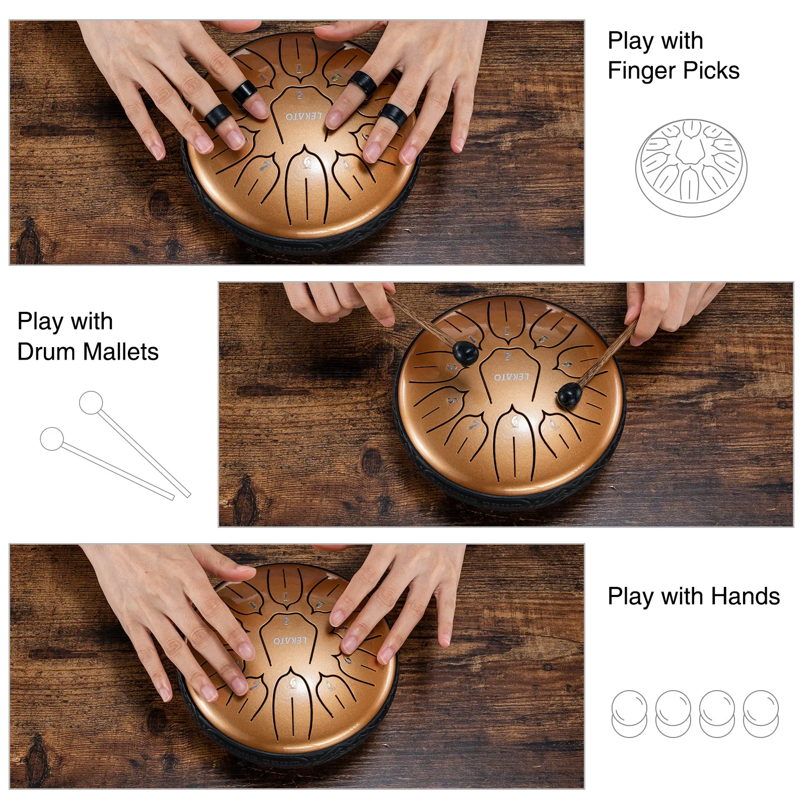 

Handpan Percussion for All Ages Portable Lekato 6" Steel Drum (D Major, 11 Notes) W/carry Bag, Mallets, Picks & Songbook