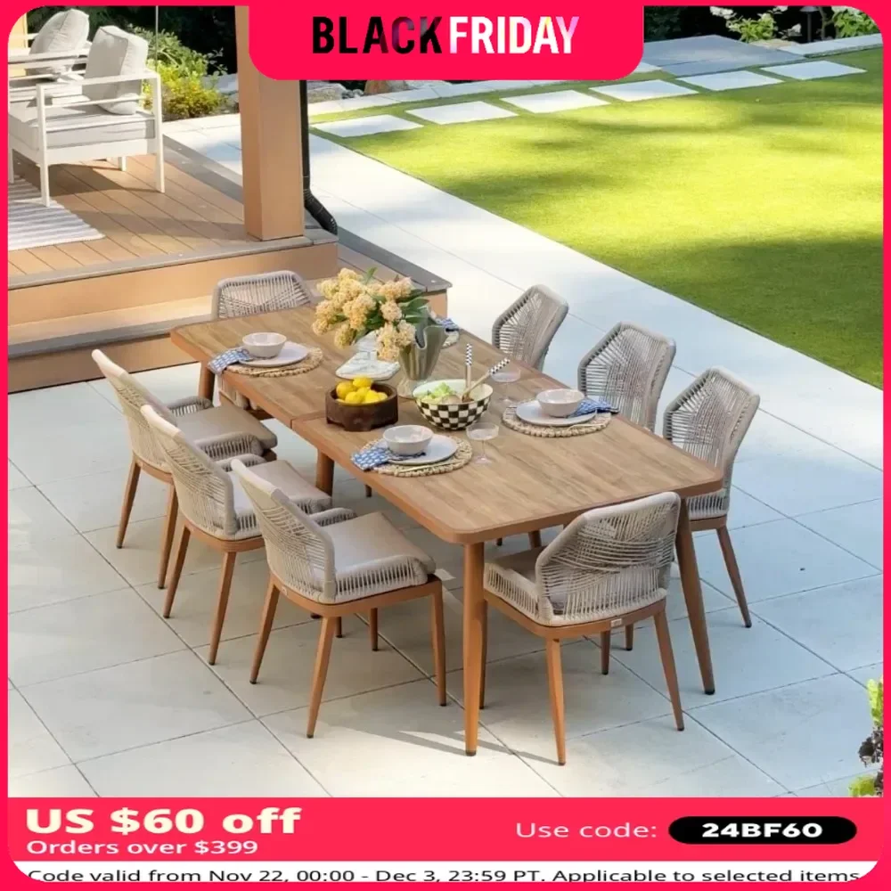 9 Pieces Dining Set Patio Metal Rectangular Table and Wicker Rattan Chairs for Outside Porch Garden Outdoor Furniture Sets