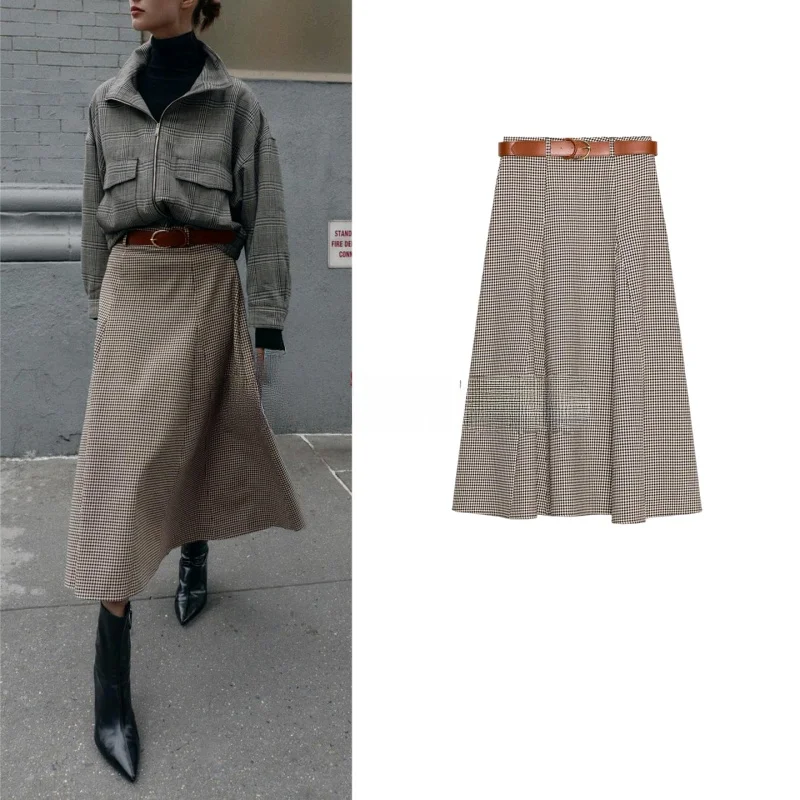 

Winter New Women's High Waist A-Line Midi Skirt with Belted Plaid Cloak Casual Sle Ci Commute Polyester Fiber A-Line Skirt
