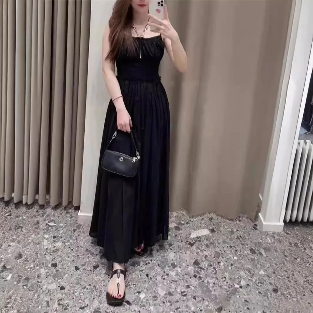 

High waisted camisole skirt with pleats and elastic black Hepburn style long dress 24 Spring/Summer new French vacation style