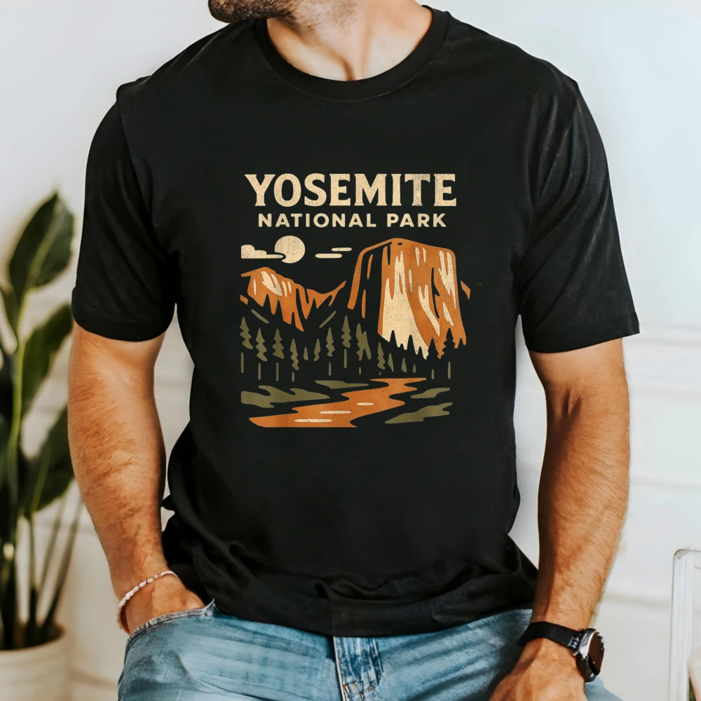 osemite Minimalist Landscape Graphic Tee Mountain River Night Unisex Casual Shirt Wanderlust Cotton Short-sleeve Casual Tees