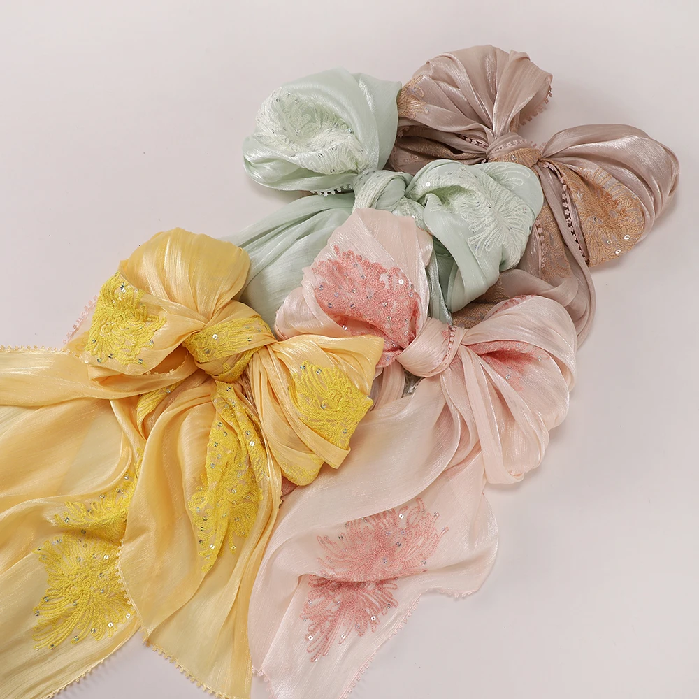 Modest Glitter Organza Hijab Butterfly Embroidery Sequins Trim Muslim Head Wrap Scarf Ramadan Wedding Headscarf Shawl