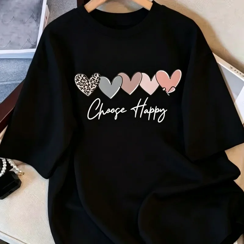 Cheap Minimalist Choose Happy Hearts T-Shirt Inspirational Quote Leopard Print Tee Loose Fit Crewneck Streetwear Top for Women