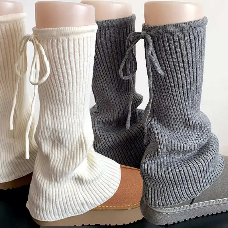 

Y2K Knitted Lace-up Leg Warmers Women Winter Warm Lolita Stacked Stocking Foot Cover Soft Boot Cuffs