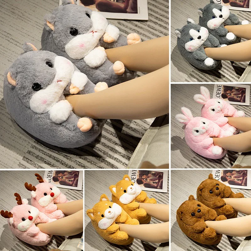 Husky Hamster Indoor Shoes Women Cute Animal Winter Fluffy Home Ladies Slipper Rabbit Shiba Inu Plush Slippers Warm Shoes Gifts