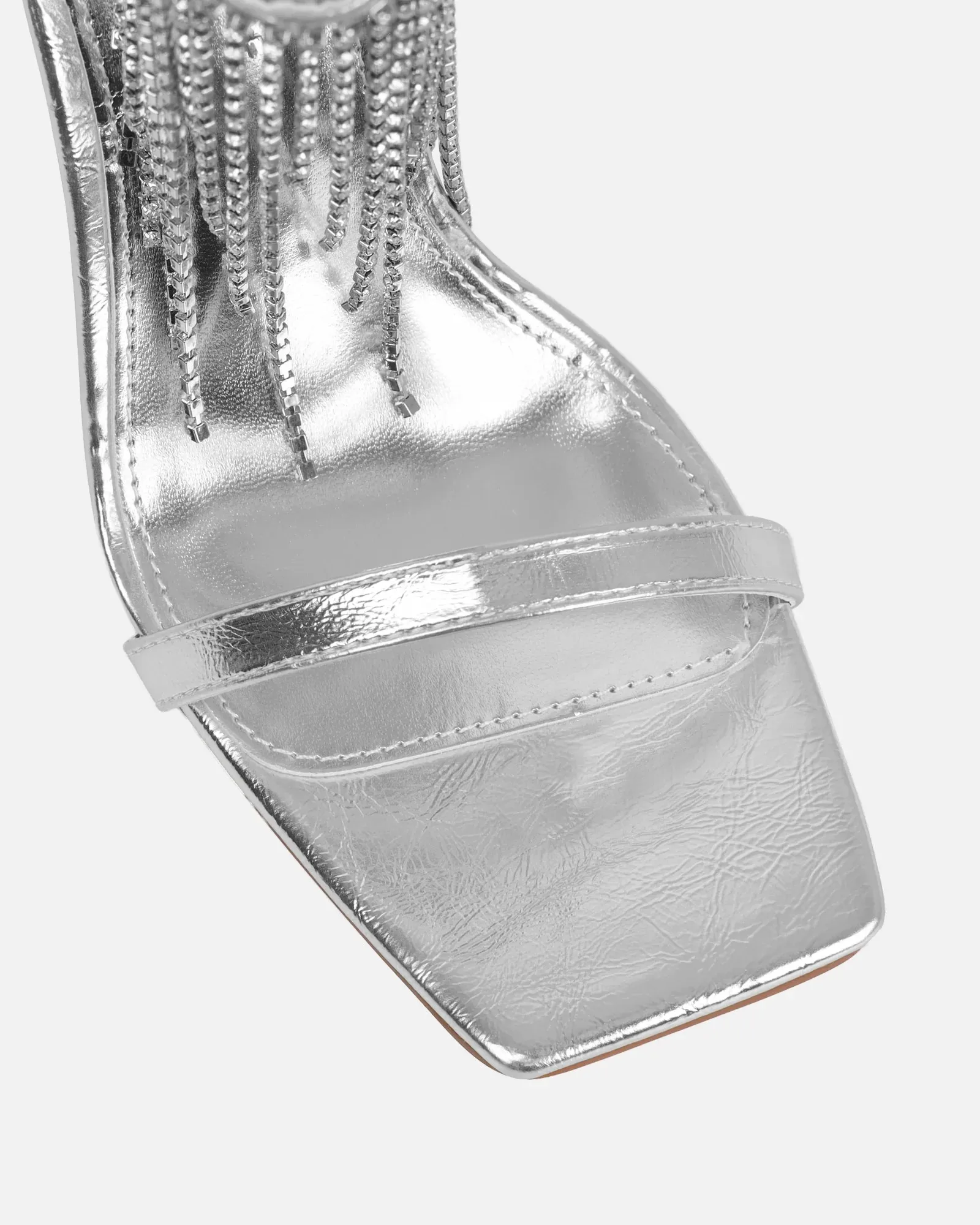 Metallic Silver Square Toe Heel Sandals Women Open Toe Rhinestone Tassel Ankle Cuff Stiletto Evening Prom Dress Shoes view 4